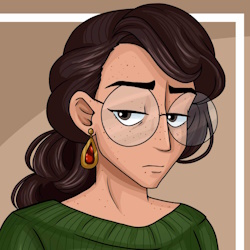 a nonbinary person with thick long brown hair in a braid and freckles all over their face. their brown eyes look at the camera through large circular glasses, half closed in an 'im sick of your shit' expression. they're wearing a green sweater and one large earring on their right ear. it's a teardrop shape, gold with a ruby or other red gem in the center.